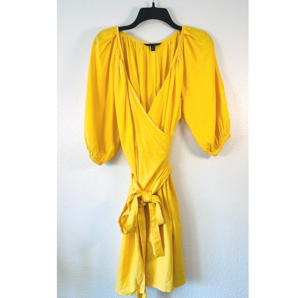 Banana Republic Vacation Resortwear Yellow Linen Blend Puff Sleeve Wrap Dress XS